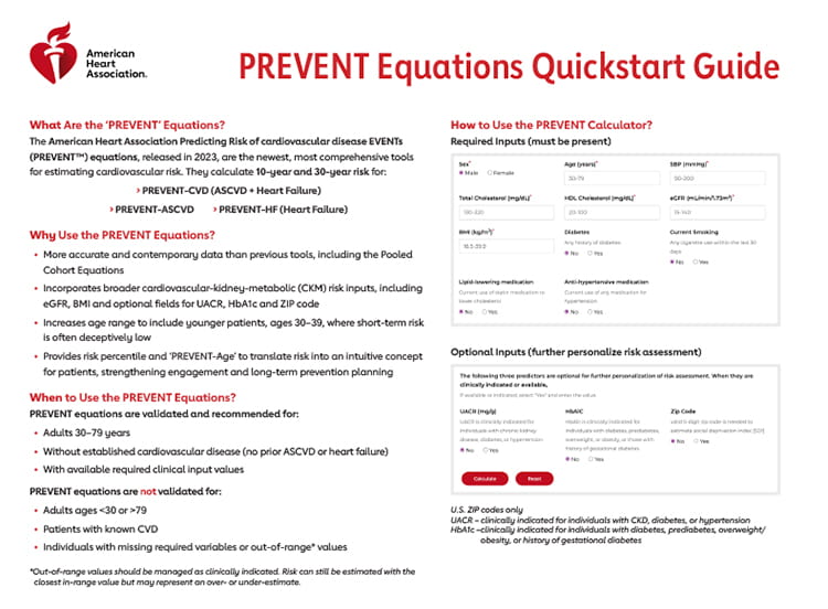 first page of the PREVENT Equations Quickstart Guide