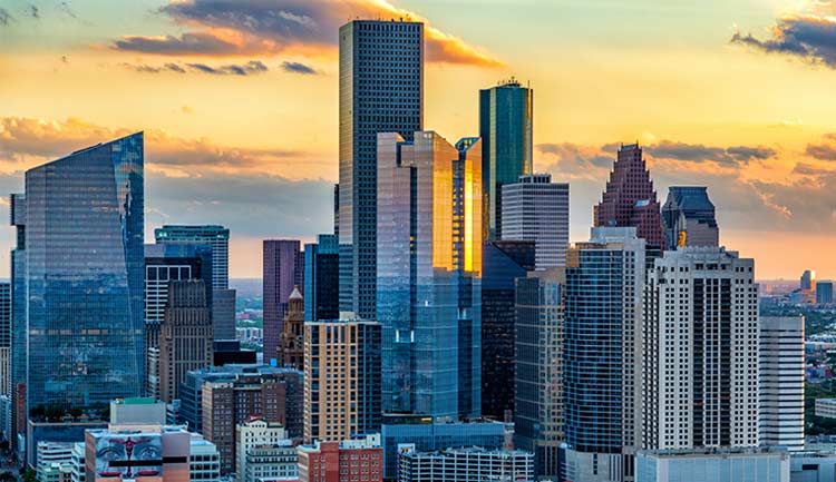An aerial view of the Houston, Texas skyline at dusk. Credit: Art Wagner