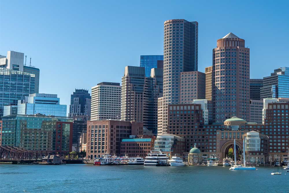 A view of Boston Harbor and downtown Boston, Massachusetts.