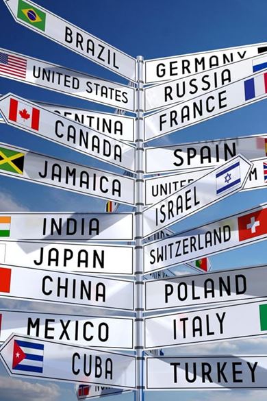 An AI-generated image showing international signposts.
