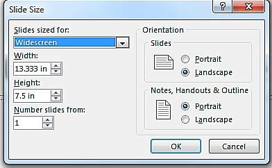 A graphic showing how to set PowerPoint slide size to 16:9 (Widescreen).