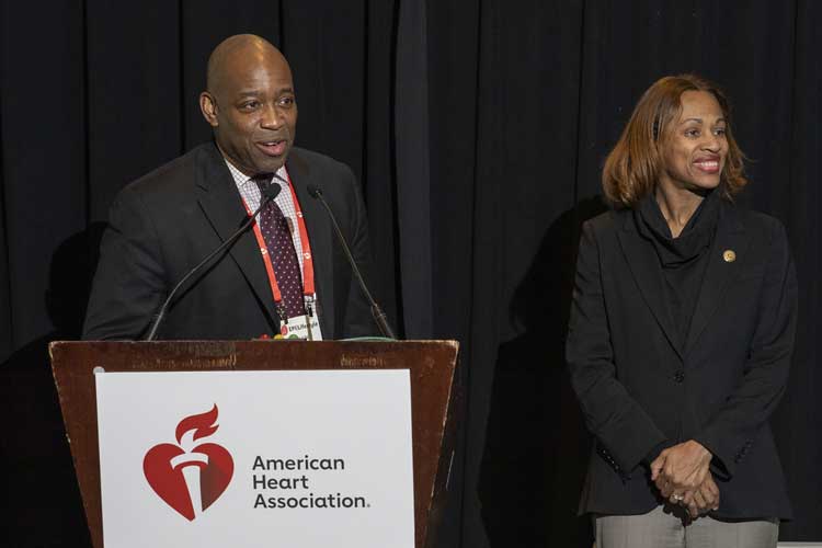 Council Chairs Mercedes Carnethon, PhD, FAHA (EPI) and Chiadi E. Ndumele, MD, PhD, FAHA (Lifestyle) speak during the joint council dinner at EPI|Lifestyle 2026.