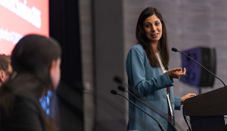 A Hypertension 2025 attendee answers a question from moderators during her presentation.