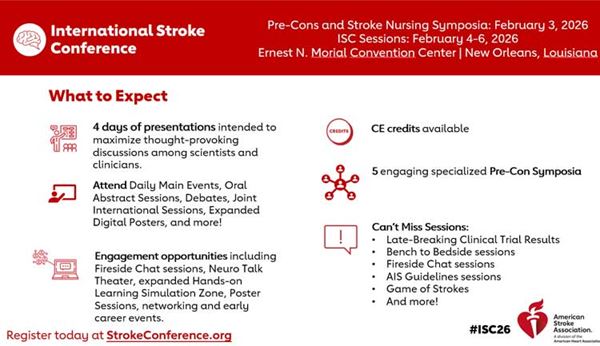 A thumbnail view of an #ISC26 PowerPoint slide, listing some of the reasons to register for the International Stroke Conference 2026.