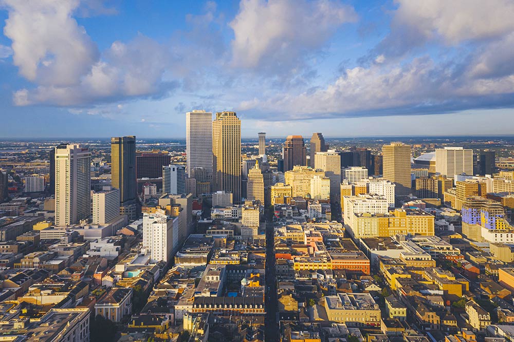 An aerial view of the New Orleans, Louisiana skyline.