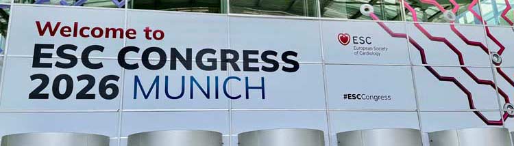 A photo of the ESC Congress 2026 Munich banner over the convention center door.