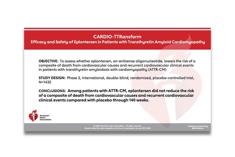 A thumbnail image of the CARDIO-TTRANSFORM study presented during ESC 2026 in Munich, Germany.