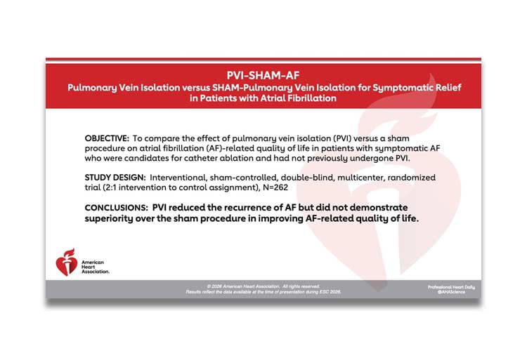 A thumbnail image of the PVI-SHAM-AF study presented during ESC 2026 in Munich, Germany