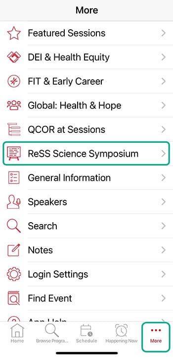 A view of the AHA Conferences mobile app highlighting the ReSS section on the More button