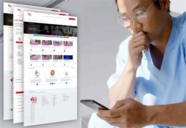 male doctor viewing the AHA Job Board site on his cellphone