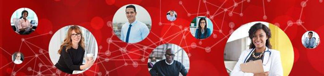 Red banner with various professionals on circles
