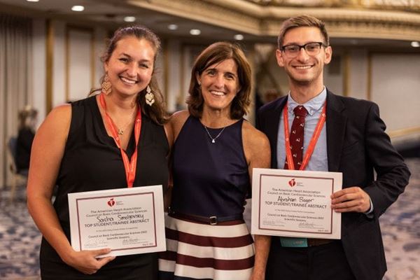 BCVS 2022 Program Committee Chair, Pilar Alcaide, MS, PhD, FAHA posing with two top student/trainee abstract presenters.