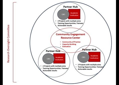 Illustration of the overview text, represented by four overlapping rings that indicate all awardees will collaborate on the topic.