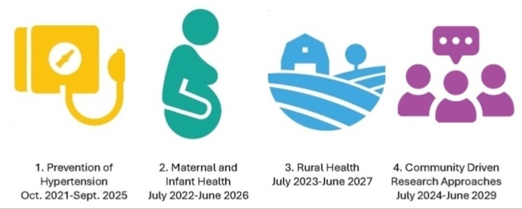 Timeline of order in which the HERNs began: Hypertension, Maternal and Infant Health, Rural Health and Community Driven Research Approaches 