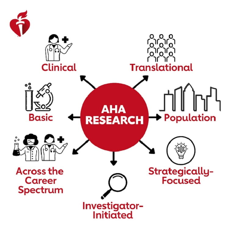 Wheel with "AHA Research" in center and spikes to graphic images for clinical, translational, population, basic, strategically focused, across the career spectrum, and investigator-initiated
