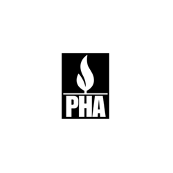 White logo on black background with a flame and the letters PHA