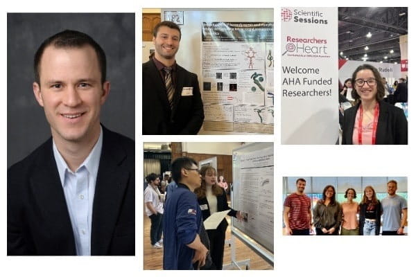 Collage featuring head shot of Dr. Goergen, three students presenting posters, and a casual group shot
