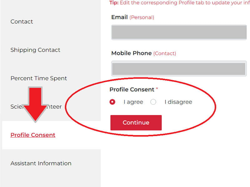 Arrow pointing to Profile Consent I Agree circled Image
