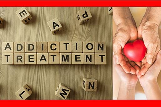 Scrabble tiles that spell addiction treatment next to a picture of a pair of hand in another pair of hands holding a heart to demonstrate a healing heart.