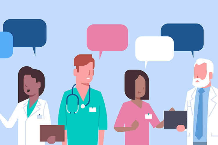 Illustration Group of Medical Doctors Standing Chat Bubble Treatment Social Network Concept