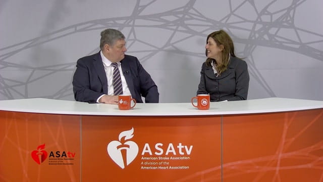 Screen capture showing Program Chair Tudor Jovin, MD, FAHA and Vice Chair Lauren Sansing, MD, MS, FAHA reviewing the top late-breaking science presented during day one of  #ISC23.