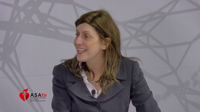 Screen capture showing Program Chair Tudor Jovin, MD, FAHA interviewing investigator Lauren Sansing, MD, MS, FAHA about the results of SPAN, which she presented during the opening session of #ISC23 in Dallas, Texas.