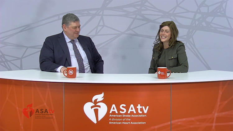  Program Chair Tudor Jovin, MD, FAHA and Vice Chair Lauren Sansing, MD, MS, FAHA reviewing the top late-breaking science presented during day two of  ISC 2023