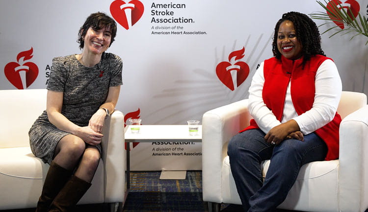 A still frame from an interview during ISC26 with Erin Adelekun, "Stroke Mama," about her experience as a maternal stroke survivor.