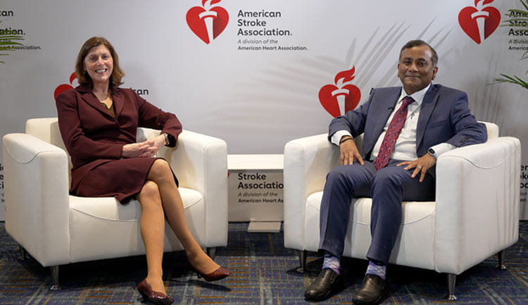 A still frame from a video featuring ISC26 Chair and Vice Chair Lauren Sansing, MD, MS, FAHA and Bijoy Menon, MBBS, MD, Msc, FRCPC.